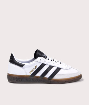 adidas Originals handball spezial trainers in Footwear White/Core Black/Gum 5 at EQVVS. Side solo shot. 