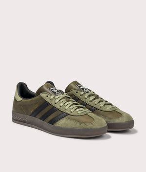 adidas Originals indoor gazelle trainer in Focus Olive/Core Black/Gum 5 at EQVVS. Front pair shot. 