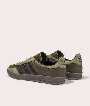 adidas Originals indoor gazelle trainer in Focus Olive/Core Black/Gum 5 at EQVVS. Back pair shot. 