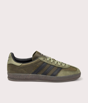 adidas Originals indoor gazelle trainer in Focus Olive/Core Black/Gum 5 at EQVVS. Side solo shot. 