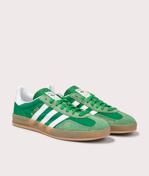 adidas Originals Gazelle Indoor Trainers in Green/Footwear White/Hazy Green at EQVVS. Front shot. 