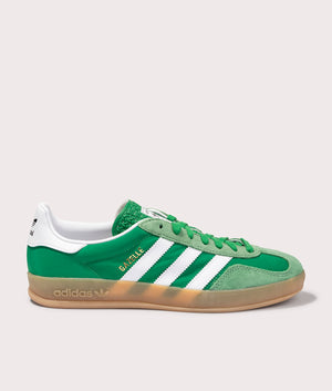 adidas Originals Gazelle Indoor Trainers in Green/Footwear White/Hazy Green at EQVVS. Side solo shot. 