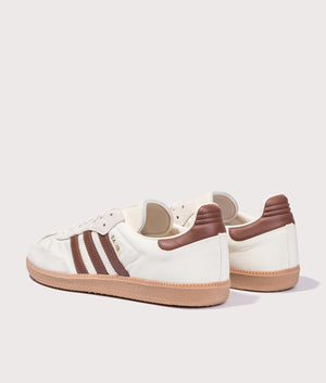 adidas Originals OG Samba trainers in Cream White/Preloved Brown/Wonder White at EQVVS Menswear. Back Shot. 