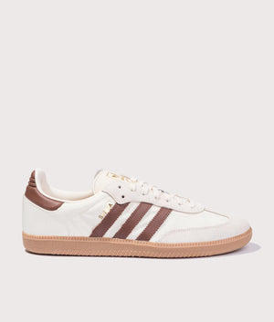 adidas Originals OG Samba trainers in Cream White/Preloved Brown/Wonder White at EQVVS Menswear. Side solo shot. 