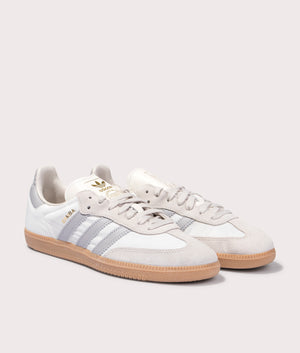 adidas Originals Samba OG trainers in Off White/Grey Two/Alumina at EQVVS. Front pair shot. 