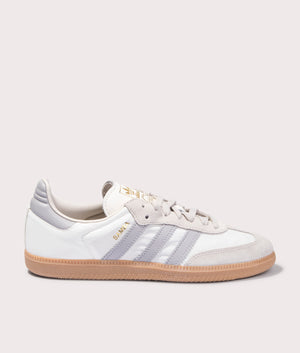 adidas Originals Samba OG trainers in Off White/Grey Two/Alumina at EQVVS. Side solo shot. 