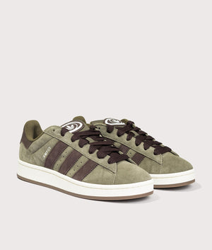 adidas Originals Campus 00s Trainers in Olive Strata, Dark Brown and Cloud White. EQVVS angle shot