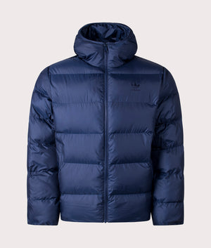 adidas Originals Tonal Hooded Puffer Jacket in Night Indigo Blue. Front Shot at EQVVS