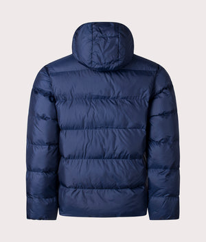 adidas Originals Tonal Hooded Puffer Jacket in Night Indigo Blue. Back Shot at EQVVS