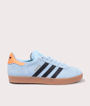 adidas Originals Gazelle trainers in Clear Sky/Core Black/Gum 2 at EQVVS. Side solo shot. 