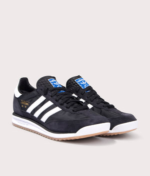 Adidas Originals SL 72 RS Trainers in Core Black/Footwear White/Blue at EQVVS. Side pair shot. 