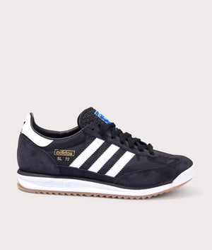 Adidas Originals SL 72 RS Trainers in Core Black/Footwear White/Blue at EQVVS. Side solo shot. 