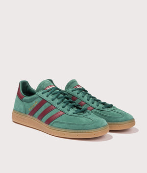 adidas Originals handball spezial trainers in green, leather and textile upper at EQVVS. Front shot. 