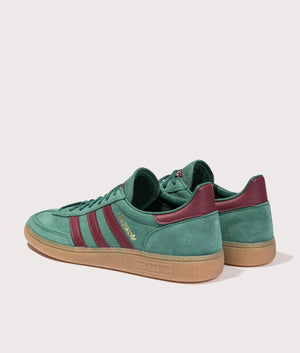 adidas Originals handball spezial trainers in green, leather and textile upper at EQVVS. Back shot. 