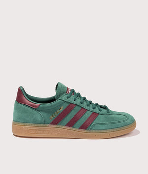 adidas Originals handball spezial trainers in green, leather and textile upper at EQVVS. Side shot. 