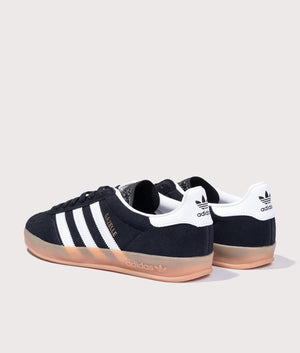 adidas originals Gazelle Trainers in Core Black/Footwear White/Gum 2 at EQVVS. Back Shot. 