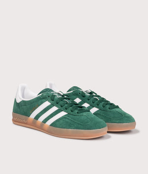 adidas Orginals Gazelle Indoor Trainers in  Collegiate Green/Cloud White/Gum. Shot at EQVVS. Angle shot. 