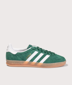 adidas Orginals Gazelle Indoor Trainers in  Collegiate Green/Cloud White/Gum. Shot at EQVVS. Side shot.