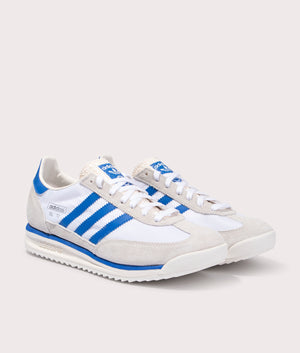 adidas Originals SL 72 RS trainers in Chalk White/Blue/Footwear White at EQVVS. Front shot.