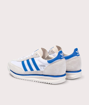 adidas Originals SL 72 RS trainers in Chalk White/Blue/Footwear White at EQVVS. Back shot.