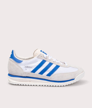 adidas Originals SL 72 RS trainers in Chalk White/Blue/Footwear White at EQVVS. Side shot.