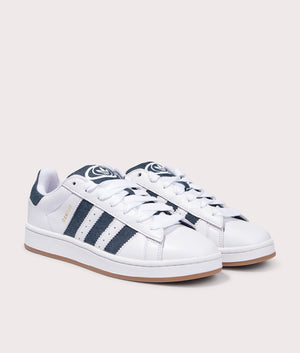 adidas Originals Campus 00s trainers in Cloud White/ Night Indigo/ Gold Metallic, 100% leather at EQVVS. Front shot. 