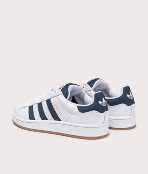 adidas Originals Campus 00s trainers in Cloud White/ Night Indigo/ Gold Metallic, 100% leather at EQVVS. Back shot. 