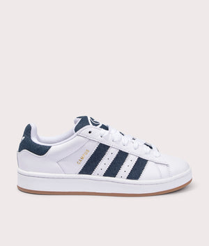 adidas Originals Campus 00s trainers in Cloud White/ Night Indigo/ Gold Metallic, 100% leather at EQVVS. Side shot. 