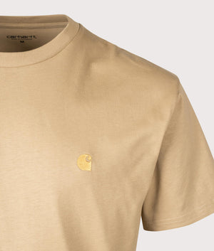 Carhartt WIP Relaxed Fit Chase T-Shirt in Dusty H Brown. Detail Shot at EQVVS