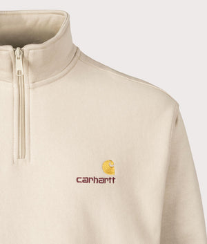 Carhartt WIP Relaxed Fit Half Zip American Script Sweatshirt in Fleur De Sel at EQVVS Menswear Detail Shot