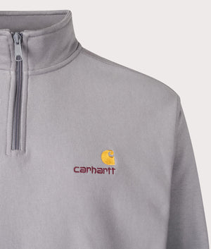 Relaxed Fit Half Zip American Script Sweatshirt in Yosemite from Carhartt WIP. Detail angle shot at EQVVS.