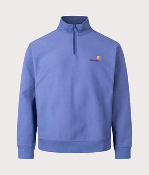 Carhartt WIP Relaxed Fit Half Zip American Script Sweatshirt in Blue Iris at EQVVS. Front shot. 