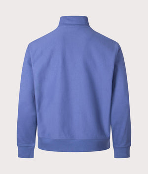 Carhartt WIP Relaxed Fit Half Zip American Script Sweatshirt in Blue Iris at EQVVS. Back shot. 