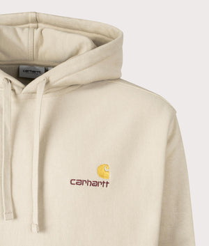 Relaxed Fit American Script Hoodie in Fleur De Sel from Carhartt WIP. Detail angle shot at EQVVS. 