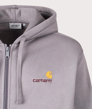 Relaxed Fit American Script Jacket in Yosemite from Carhartt WIP. Detail angle shot at EQVVS.