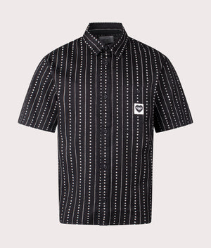 Carhartt WIP Relaxed Fit Short Sleeve Drewe Shirt in Heart C Pinstripe/ Black/Natural colourway, 100% Cotton at EQVVS. Front shot. 