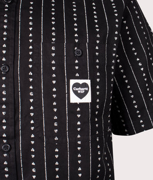 Carhartt WIP Relaxed Fit Short Sleeve Drewe Shirt in Heart C Pinstripe/ Black/Natural colourway, 100% Cotton at EQVVS. Detail shot. 