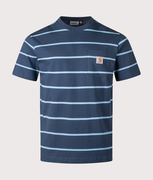 Carhartt WIP Aiken Pocket T-Shirt in Aiken Stripe and Dusty Blue. EQVVS Front Shot.