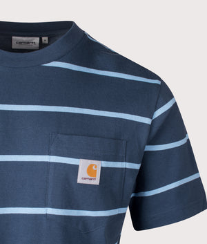 Carhartt WIP Aiken Pocket T-Shirt in Aiken Stripe and Dusty Blue. EQVVS Detail Shot.