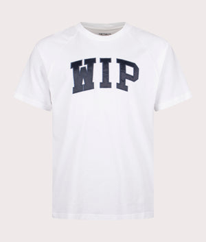 Carhartt WIP Relaxed Fit WIP T-Shirt in White/Dusky Blue, 100% Cotton at EQVVS. Front shot. 