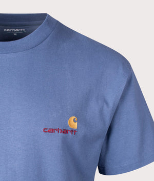 Carhartt WIP American Script T-Shirt in Blue Iris. Shot at EQVVS. Detail shot. 