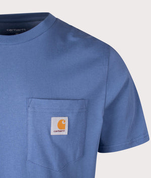 Carhartt WIP Pocket T-Shirt in Blue Iris, 100% Cotton at EQVVS. Detailed logo shot. 