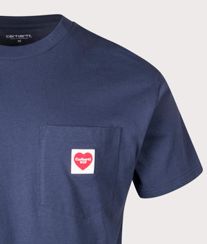 Carhartt WIP  Relaxed Fit Pocket Heart T-Shirt in Blue. Shot at EQVVS. Front logo shot