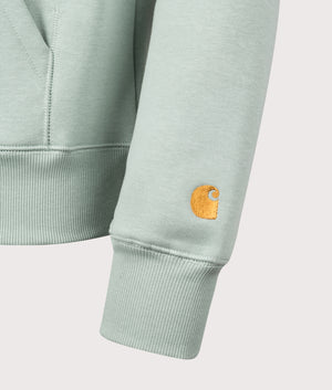 Carhartt WIP Chase Hoodie in Frosted Green. Detail shot at EQVVS