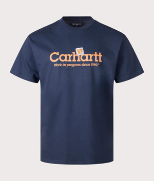 Carhartt WIP Relaxed Fit Label Script T-Shirt in Blue at EQVVS Menswear Front Shot