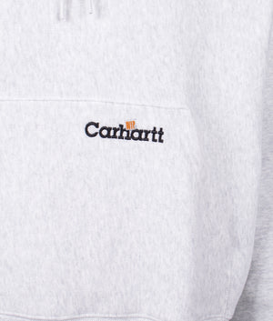 Carhartt WIP Relaxed Fit Label Script Hoodie in ash Heather. EQVVS Detail Shot.