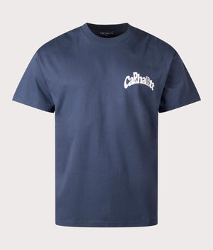 Carhartt WIP Relaxed Fit Logo T-Shirt in Dusky Blue, 100% cotton at EQVVS. Front shot. 