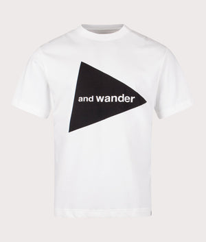 and wander logo t-shirt in white. Shot at EQVVS. Mannequin front shot.