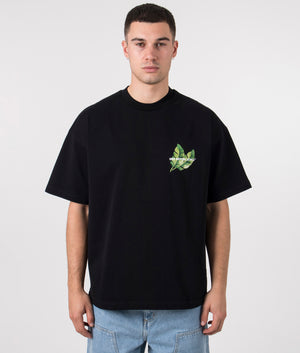 Oversized Fit Leaf T-Shirt in Black by MKI MIYUKI ZOKU. EQVVS Shot. 