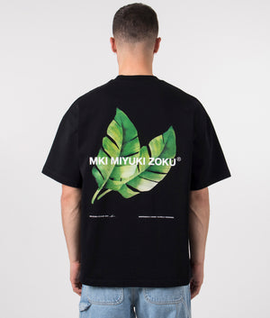 Oversized Fit Leaf T-Shirt in Black by MKI MIYUKI ZOKU. EQVVS Shot.